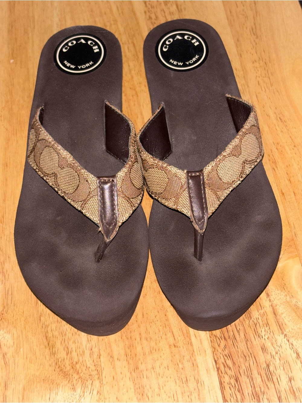 Coach Brown Signature Canvas Thong Sandals